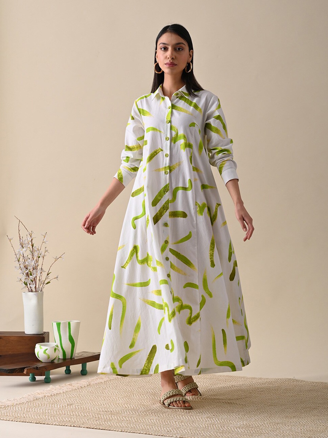 

Kanelle Abstract Printed Organic Cotton Shirt Maxi Dress, White