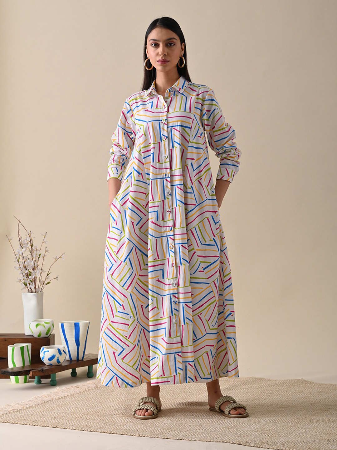 

Kanelle Geometric Printed Organic Cotton Shirt Maxi Dress, White