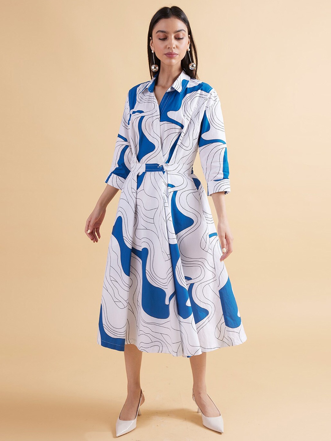 

Kanelle Abstract Printed Shirt Collar A-Line Midi Dress, White