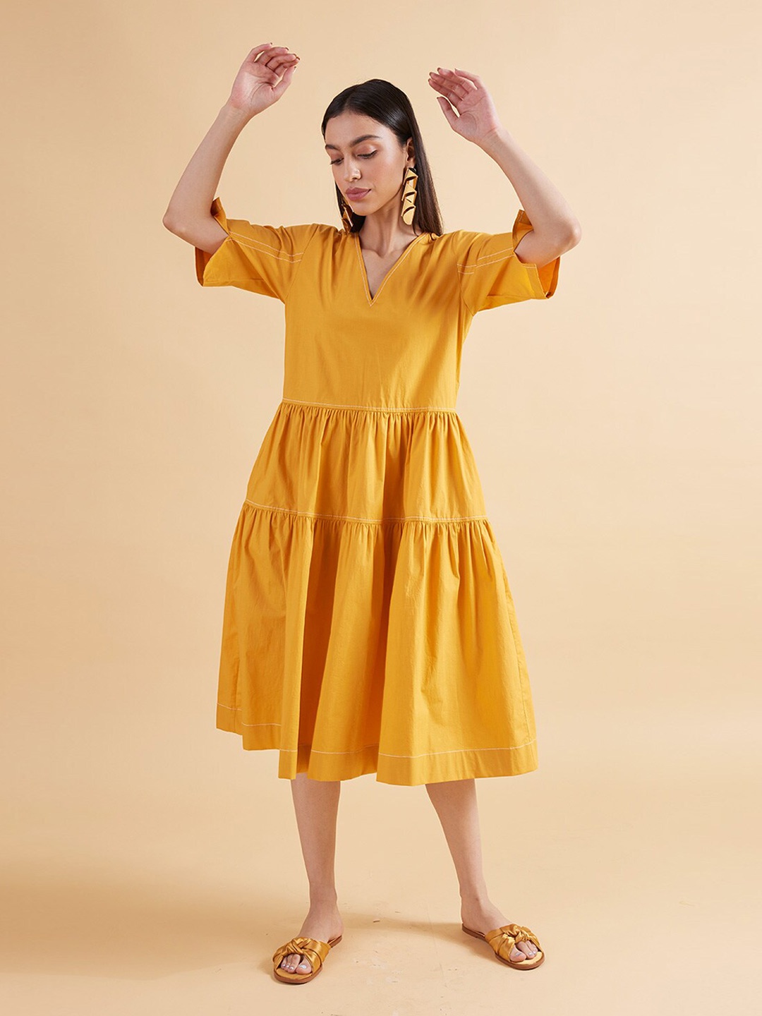 

Kanelle V-Neck Tiered Fit & Flare Midi Dress, Yellow