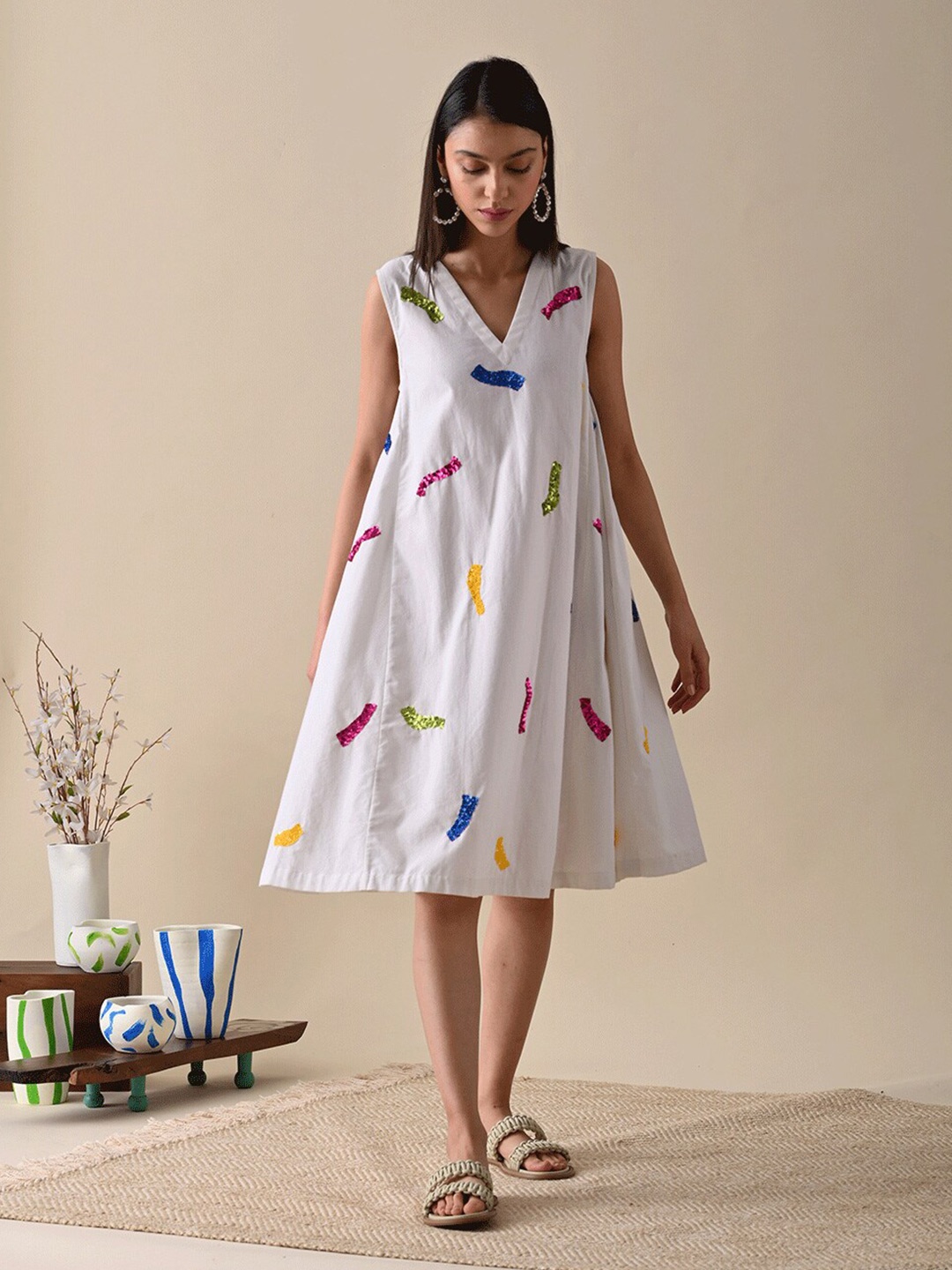 

Kanelle Embroidered V-Neck Organic Cotton A-Line Midi Dress, White