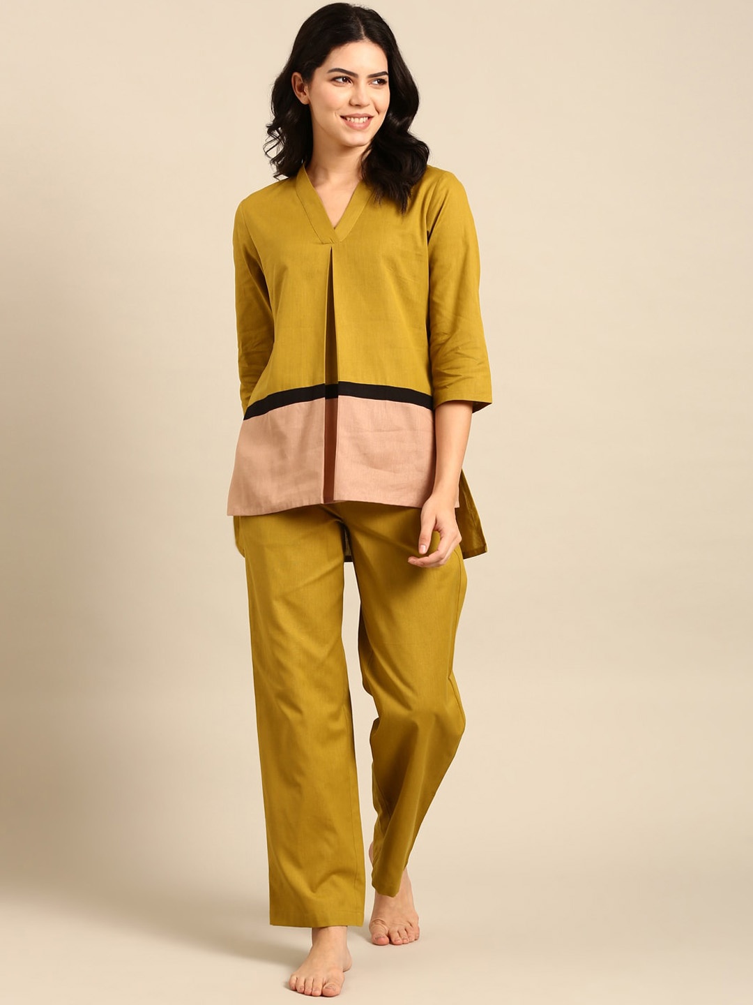 

Bannos Swagger Colourblocked Pure Cotton Night suit, Yellow