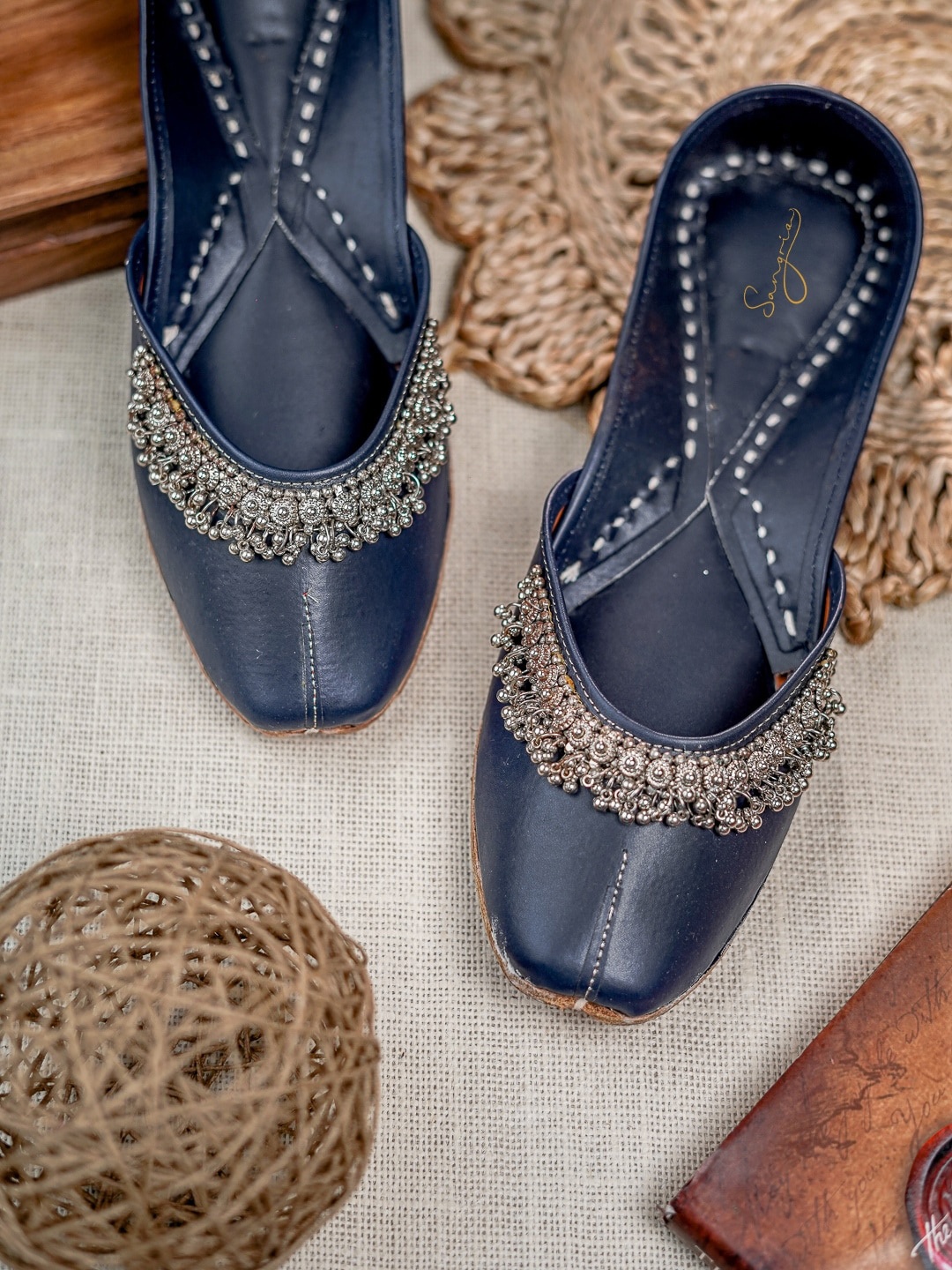 

Sangria Ethnic Embellished Square Toe Mojaris, Navy blue
