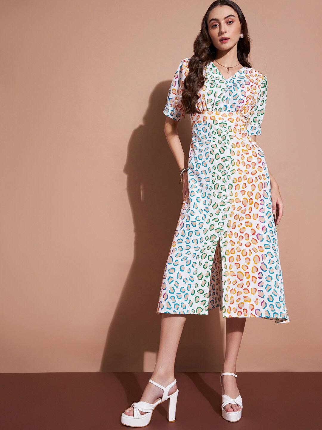 

DressBerry Animal Printed Crepe Puff Sleeves A-Line Midi Dress, Blue
