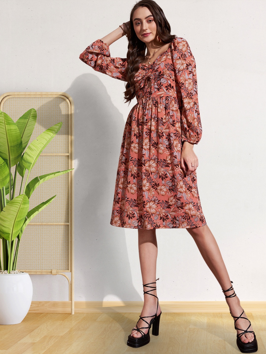 

DressBerry Floral Printed Chiffon Puff Sleeves A-Line Dress, Rust