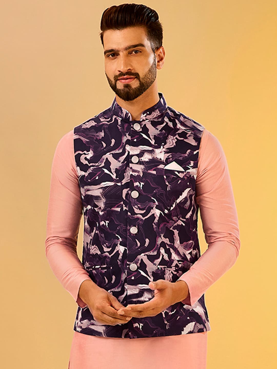 

KISAH Woven Printed Nehru Jacket With Pocket Square, Burgundy