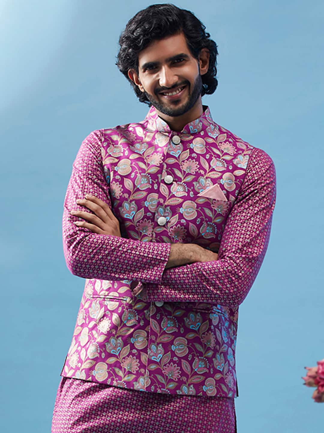 

KISAH Printed Pure Cotton Nehru Jacket, Pink