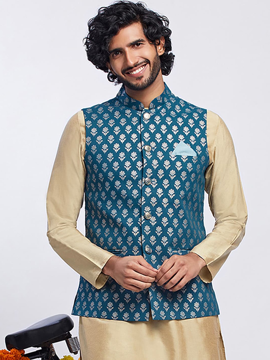 

KISAH Printed Pure Cotton Nehru Jacket, Blue