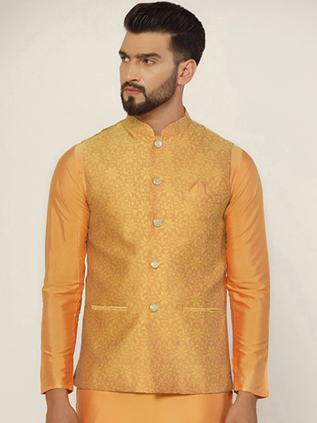 

KISAH Woven Design Nehru Jacket, Mustard