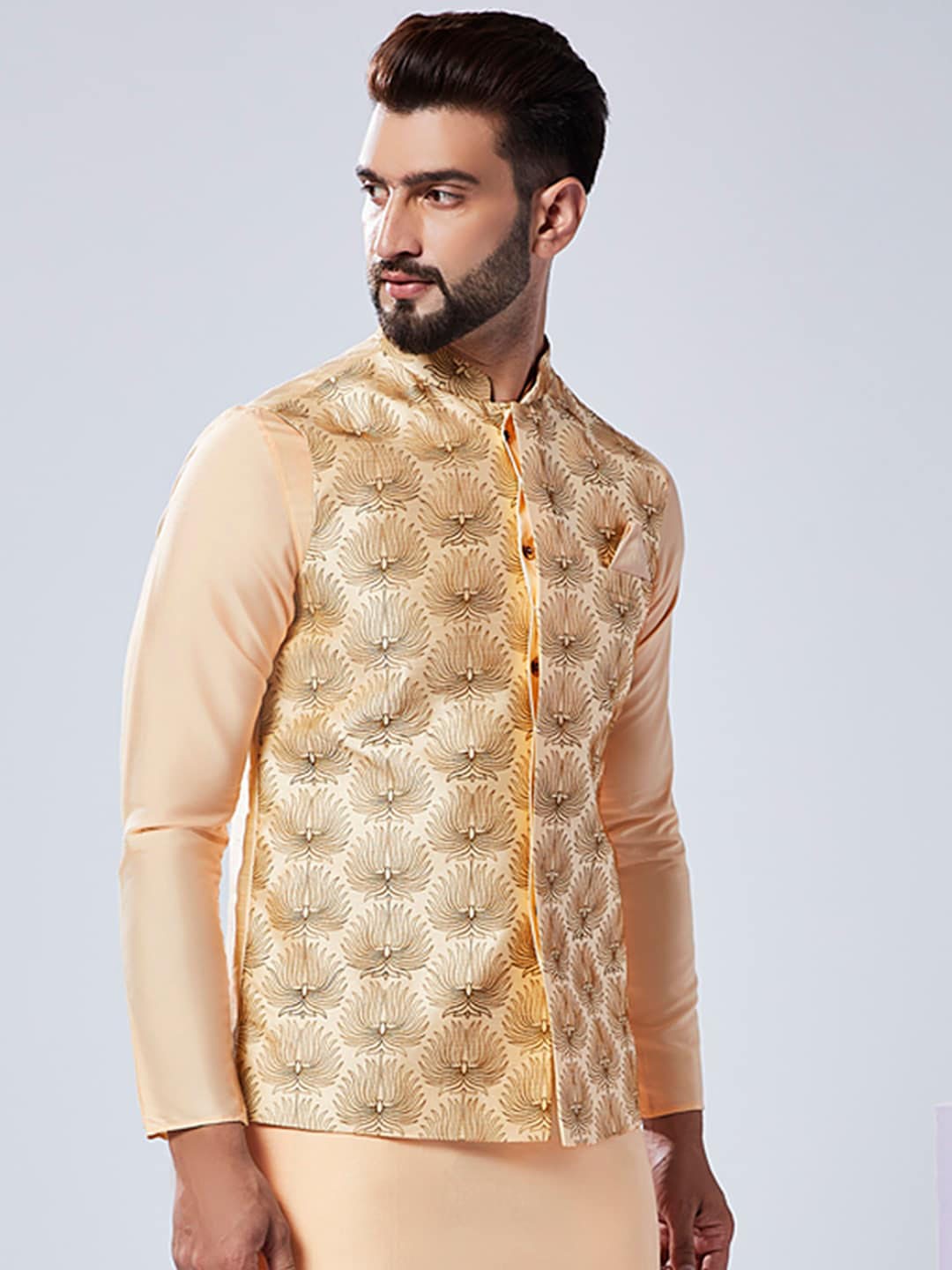 

KISAH Embroidered Woven Nehru Jacket, Nude