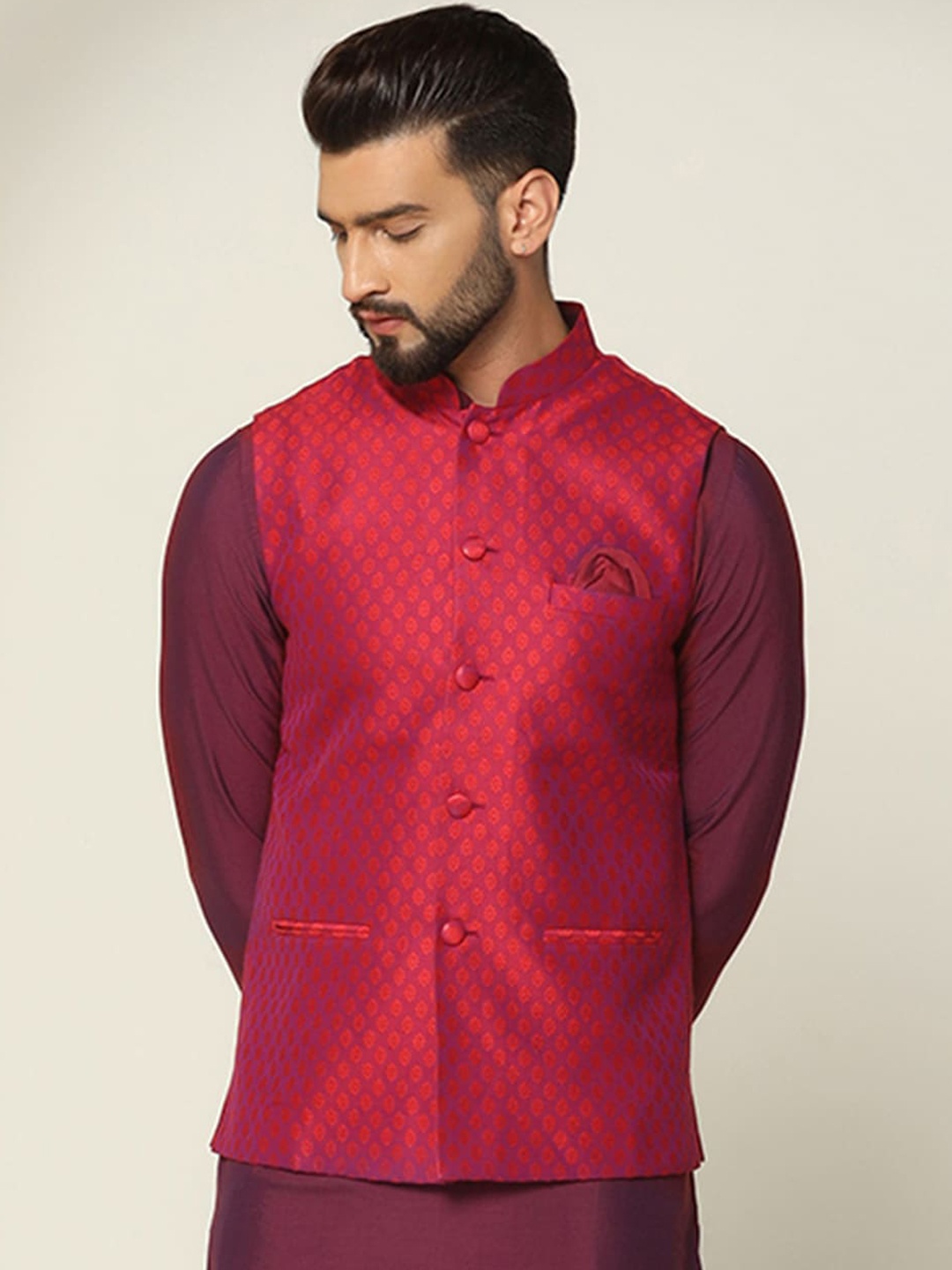 

KISAH Woven Design Nehru Jackets, Red