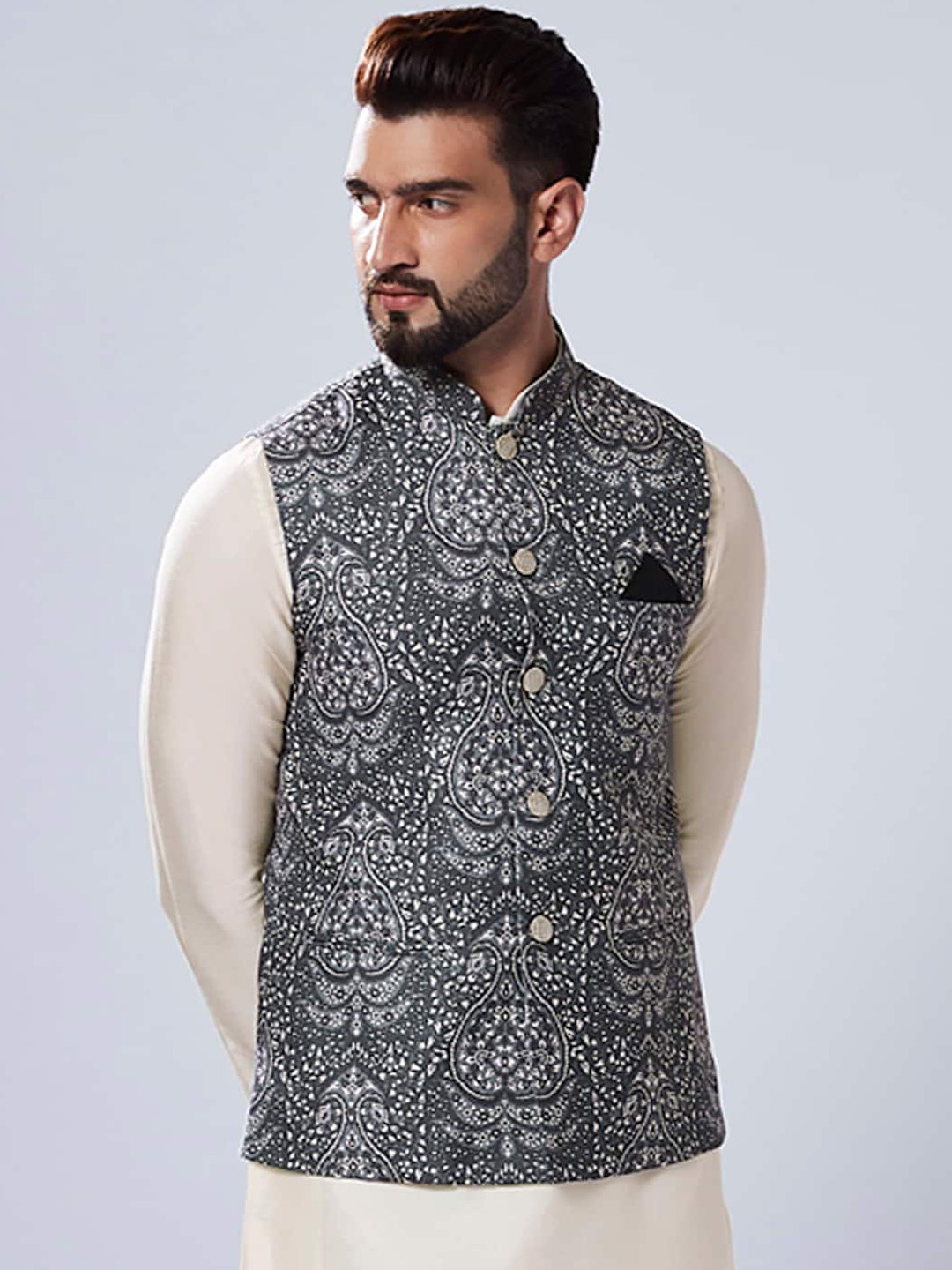 

KISAH Printed Mandarin Collar Nehru Jacket, Black