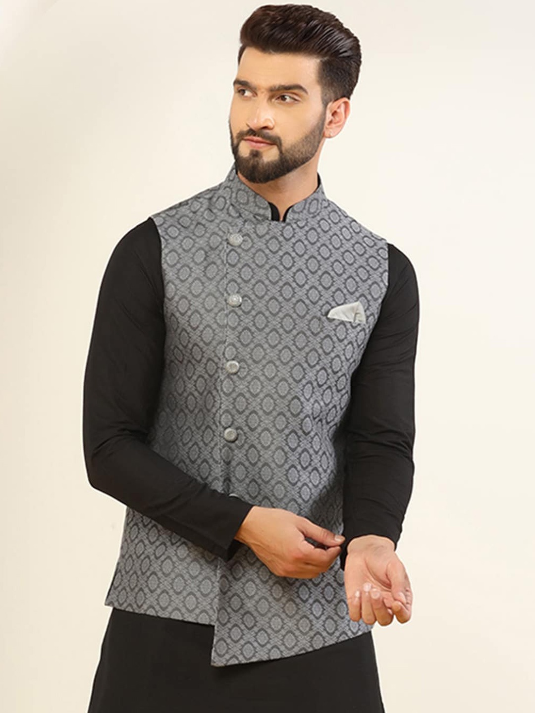 

KISAH Men Asymmetrical, Textured Zari Regular Fit Nehru Jacket, Grey