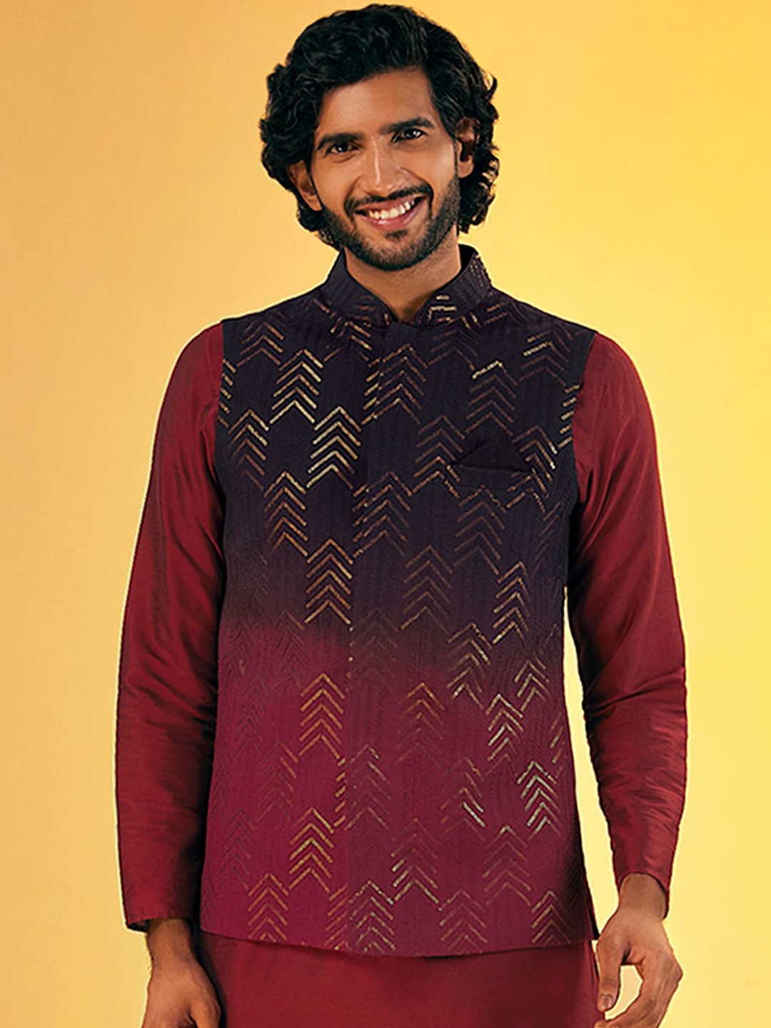 

KISAH Embellished Pure Cotton Nehru Jacket With Pocket Square, Black