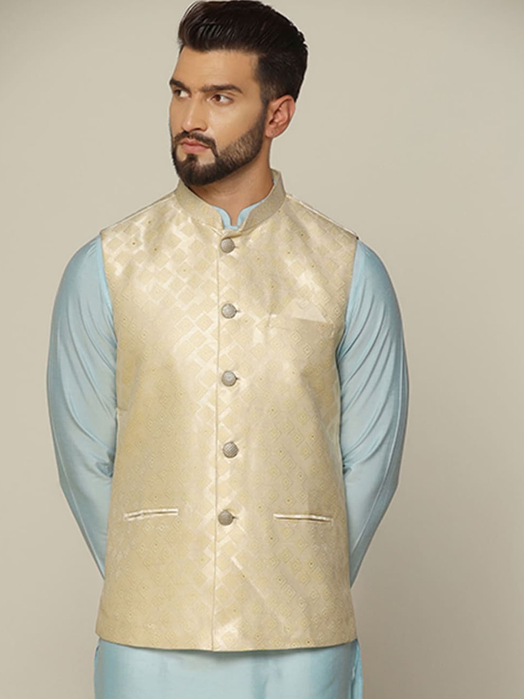 

KISAH Woven Design Nehru Jacket, Off white