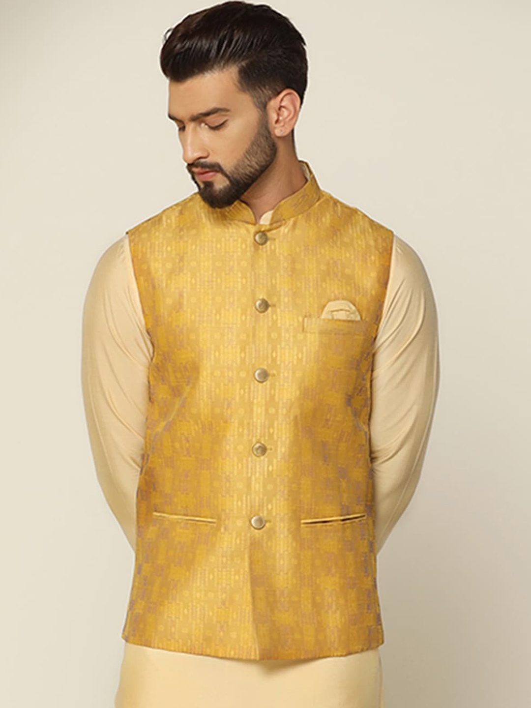 

KISAH Woven Design Nehru Jacket, Mustard