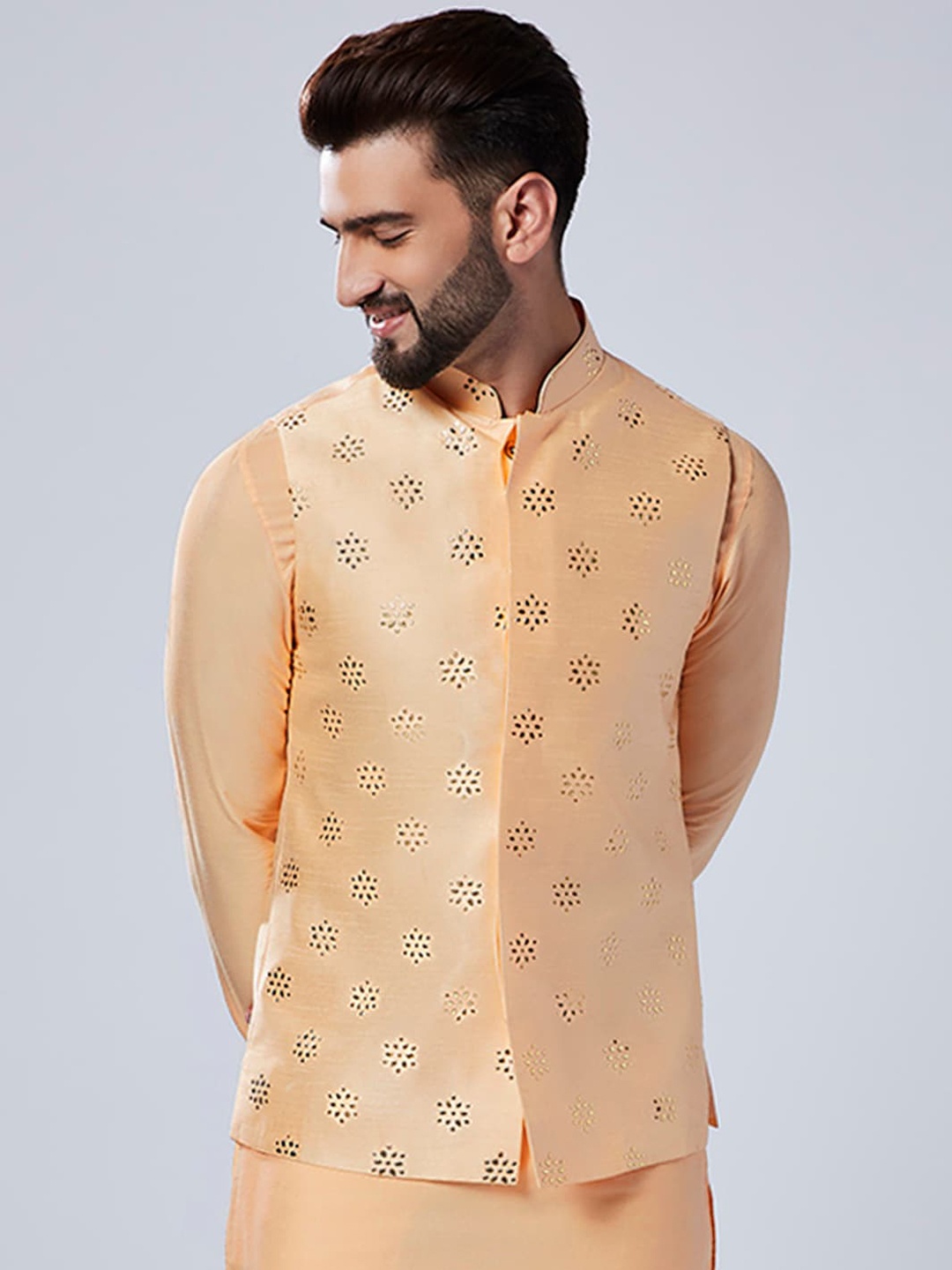 

KISAH Embellished Mandarin Collar Nehru Jacket, Nude