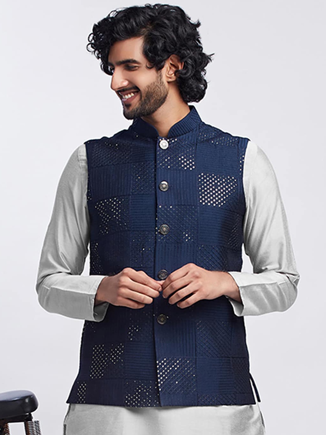 

KISAH Embellished Nehru Jacket, Navy blue