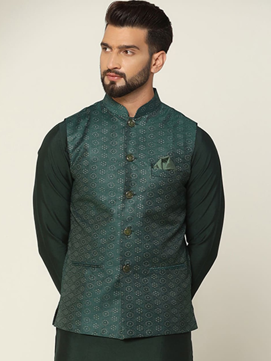 

KISAH Woven Printed Nehru Jacket, Green
