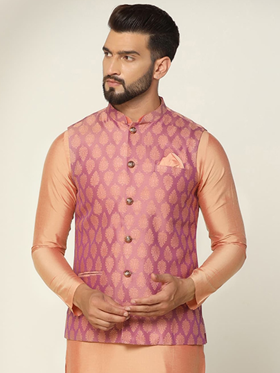 

KISAH Men Woven Design Nehru Jackets, Pink