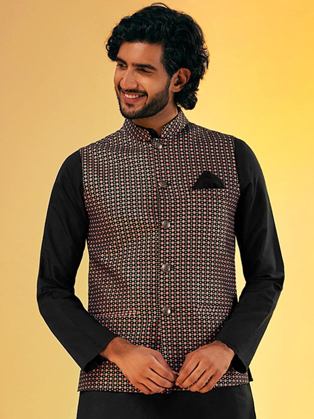 

KISAH Men Printed Pure Cotton Nehru Jacket, Black