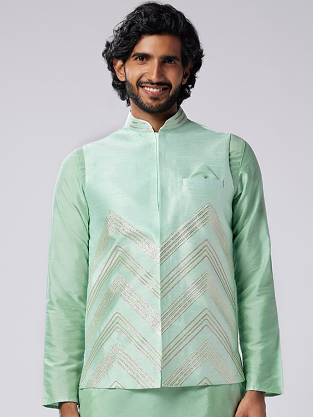 

KISAH Woven Embellished Nehru Jacket, Sea green