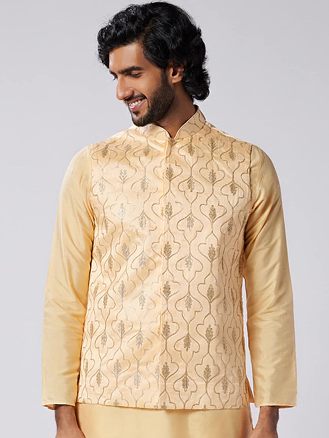 

KISAH Woven Embellished Nehru Jacket, Beige