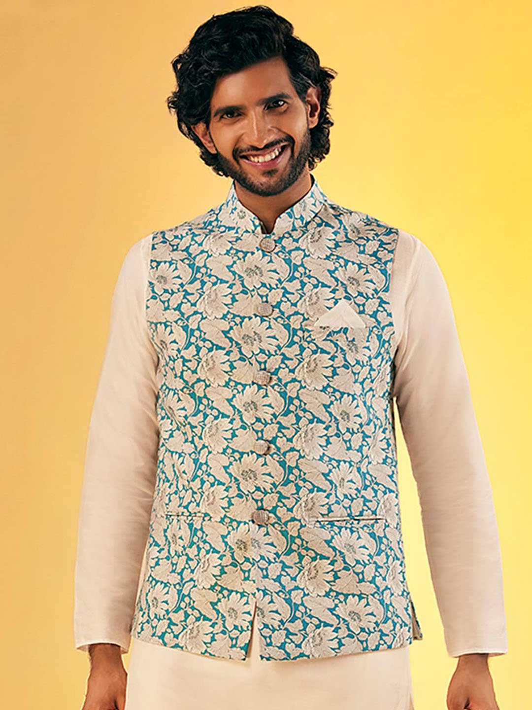 

KISAH Printed Pure Cotton Nehru Jacket With Pocket Square, Blue