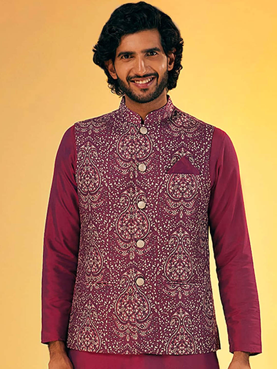 

KISAH Men Printed Nehru Jackets, Burgundy