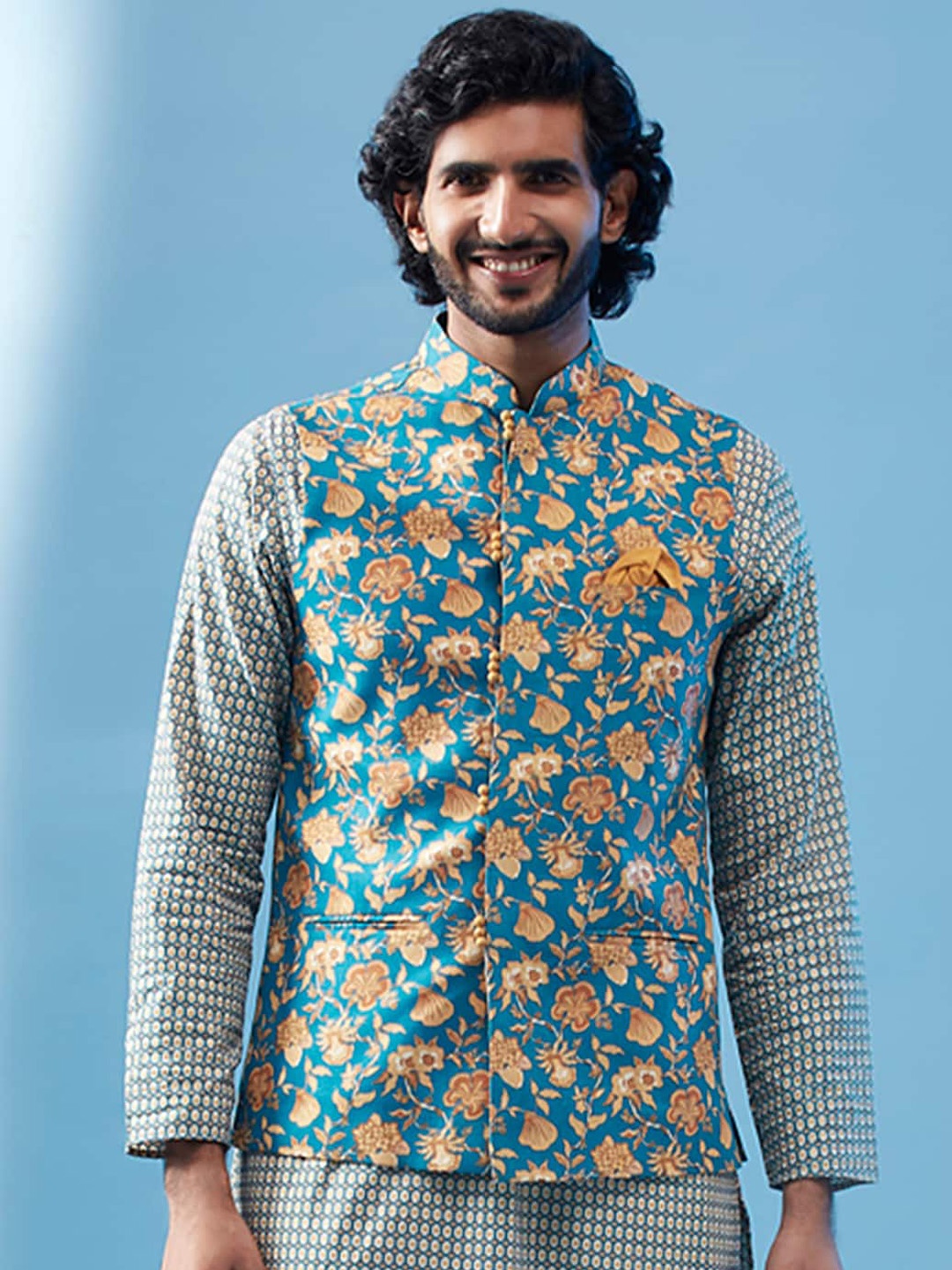 

KISAH Printed Pure Cotton Nehru Jacket With Pocket Square, Blue