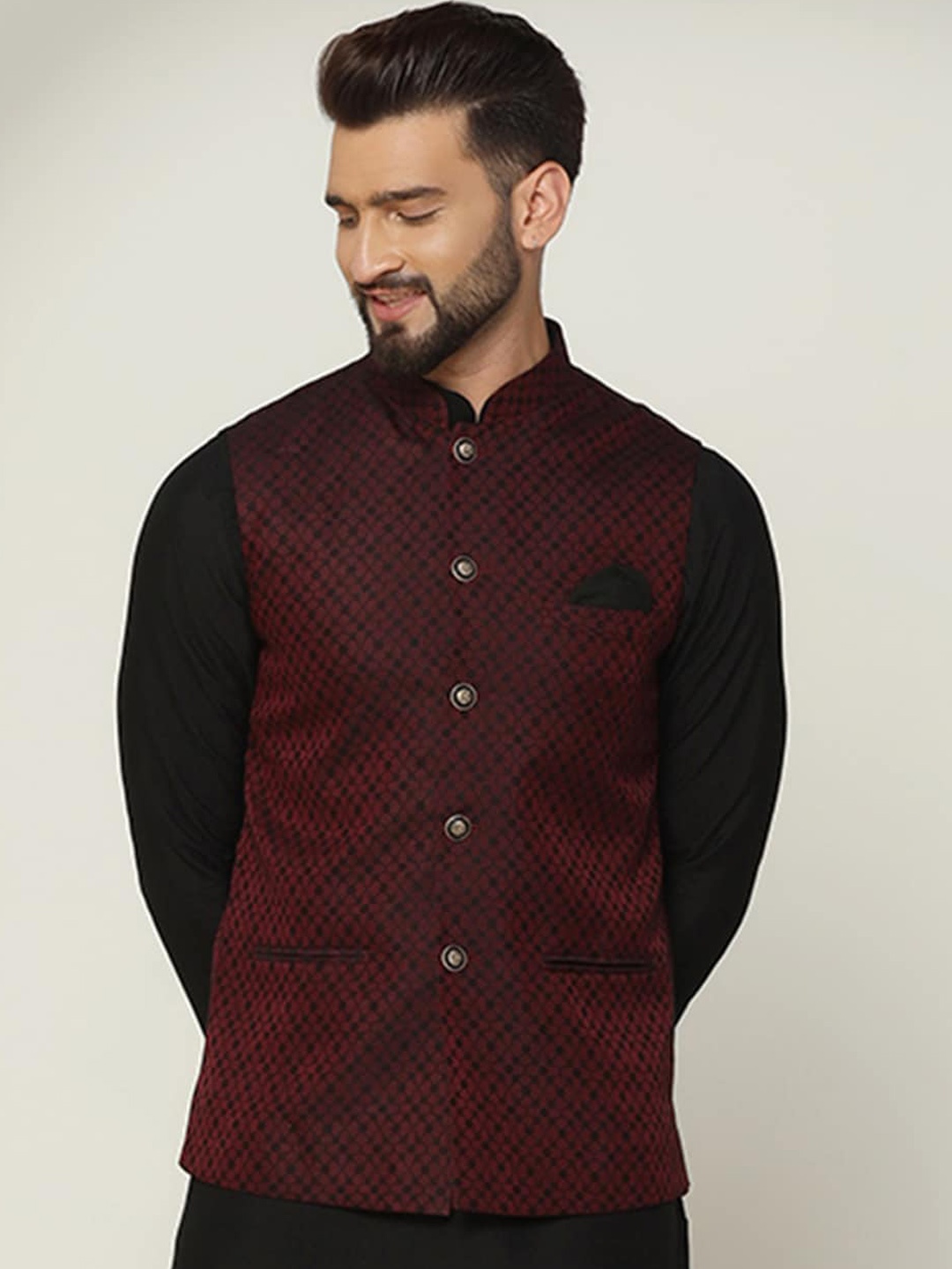 

KISAH Men Woven Jacquard Zari Regular Fit Nehru Jacket, Maroon