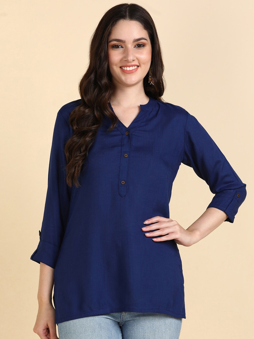 

HERE&NOW Blue Mandarin Collar Roll-Up Sleeves Kurti