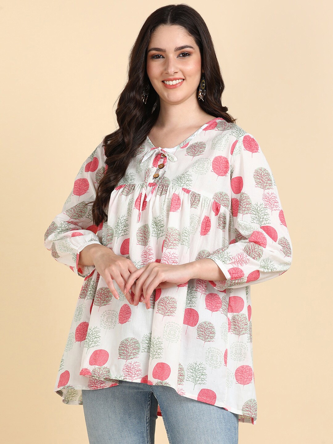 

HERE&NOW White & Coral Floral Printed Tie-Up Neck Pure Cotton Pleated A-Line Kurti