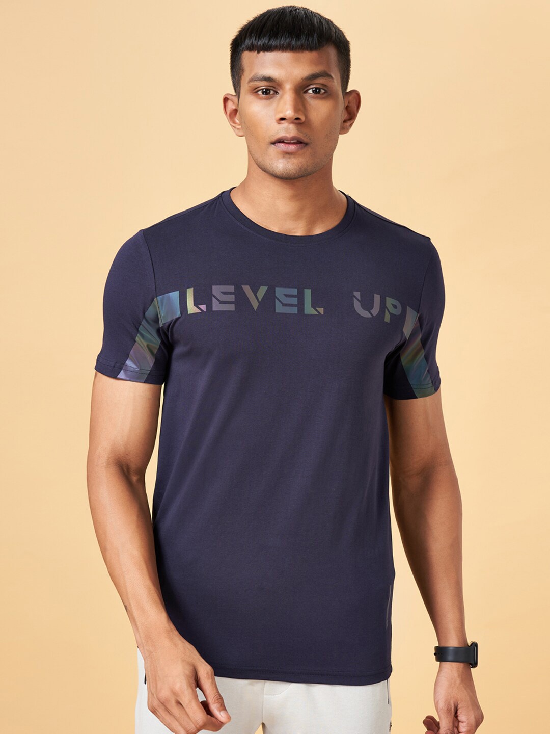 Ajile by Pantaloons Typography Printed Round Neck Slim Fit Regular T-shirt, Navy blue