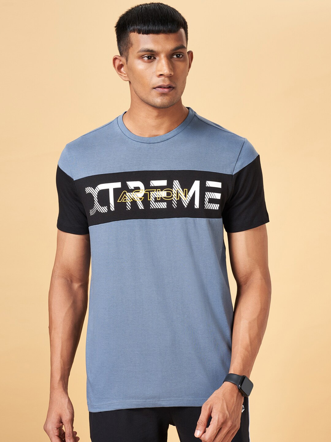 

Ajile by Pantaloons Typography Printed Round Neck Slim Fit Regular T-shirt, Blue