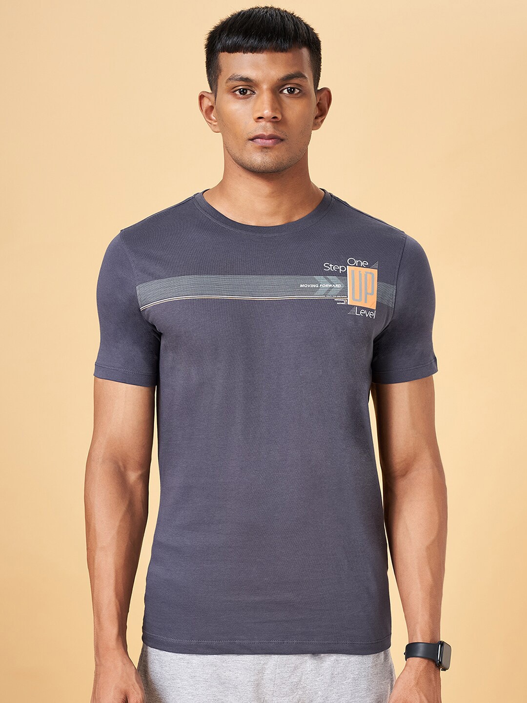 

Ajile by Pantaloons Typography Printed Round Neck Cotton Slim Fit Regular T-shirt, Grey