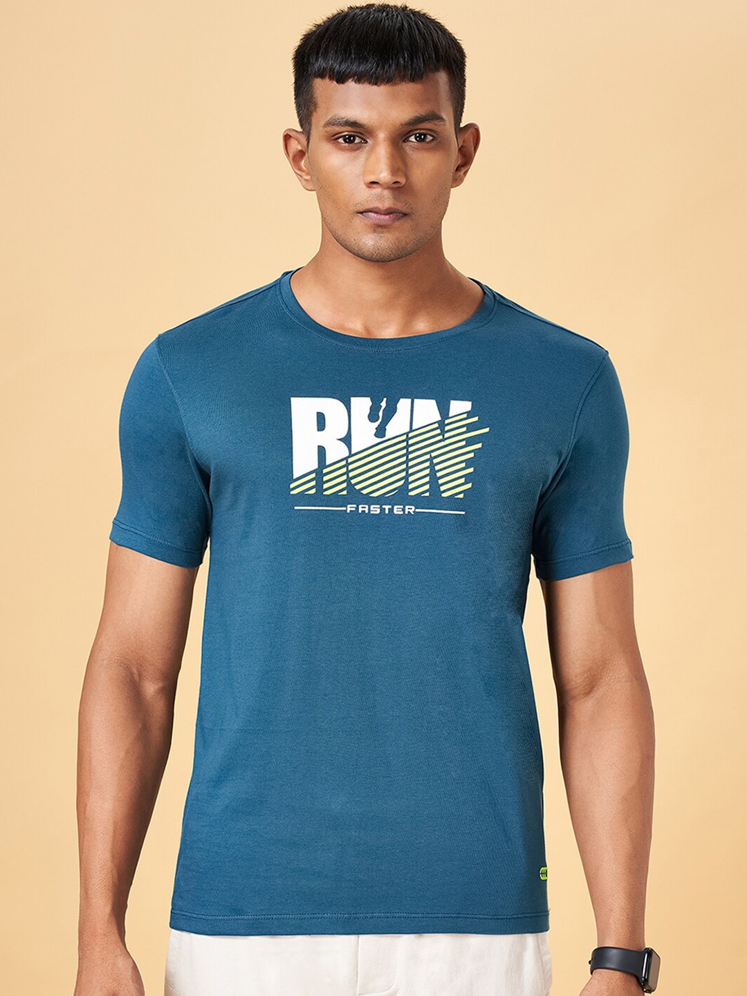 Ajile by Pantaloons Typography Printed Round Neck Cotton Slim Fit Regular T-shirt, Teal