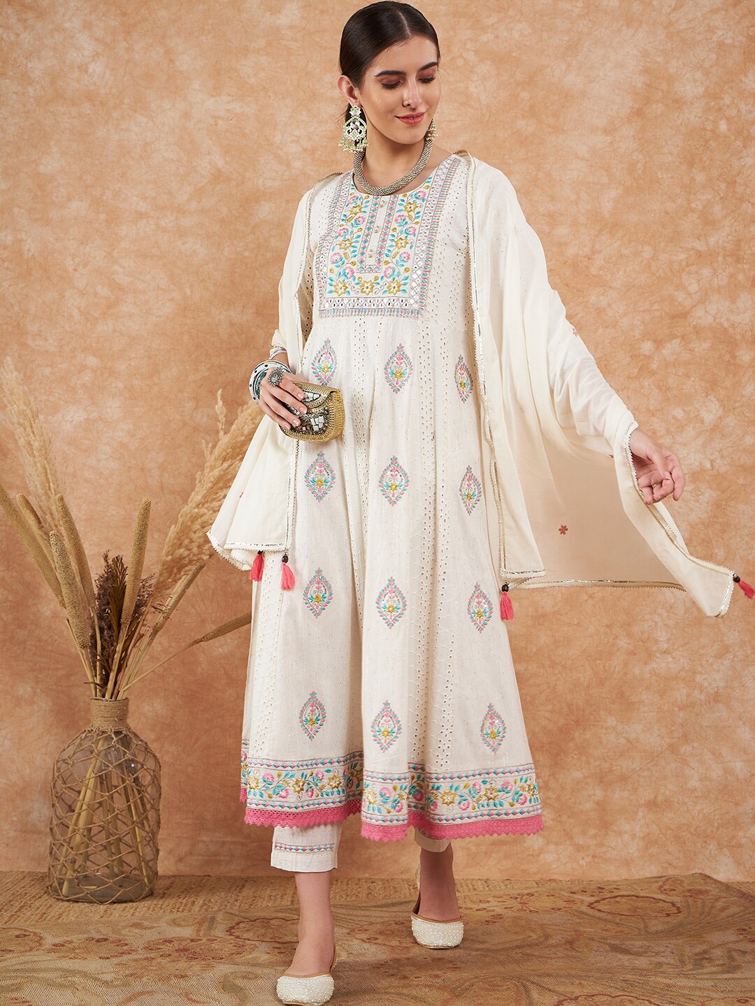 

Sangria Ethnic Motifs Embroidered Schiffli A-Line Pure Cotton Kurta With Trouser & Dupatta, White