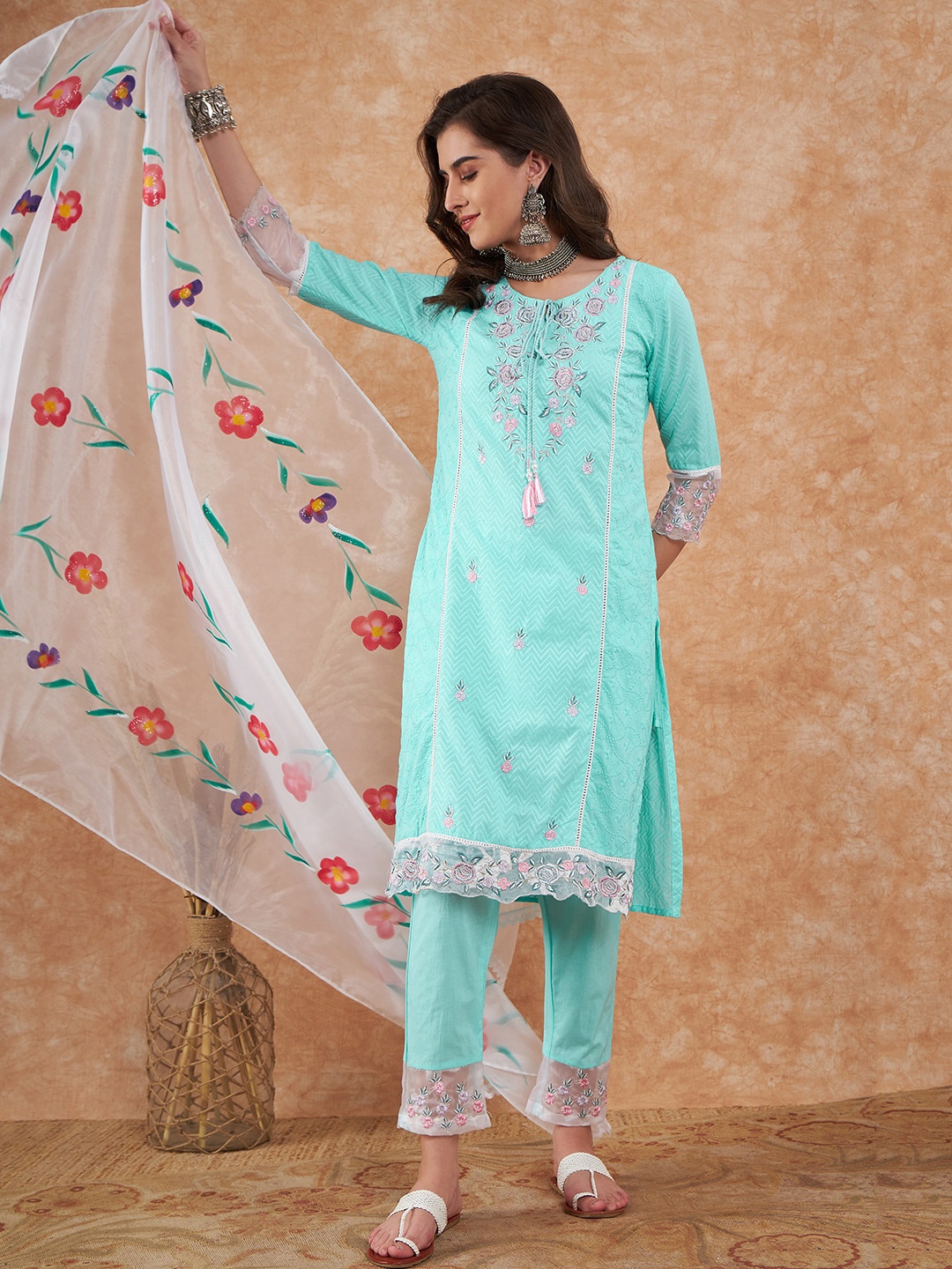 

Sangria Floral Embroidered Pure-Cotton Kurta With Trouser & Dupatta, Turquoise blue
