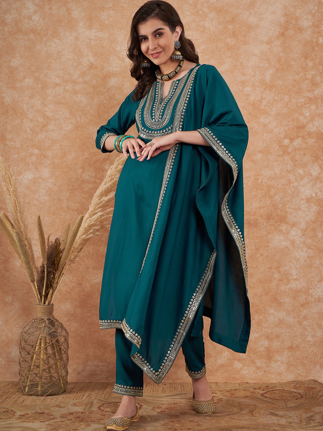 

Sangria Ethnic Motifs Yoke Design Straight Kurta With Trouser & Dupatta, Teal