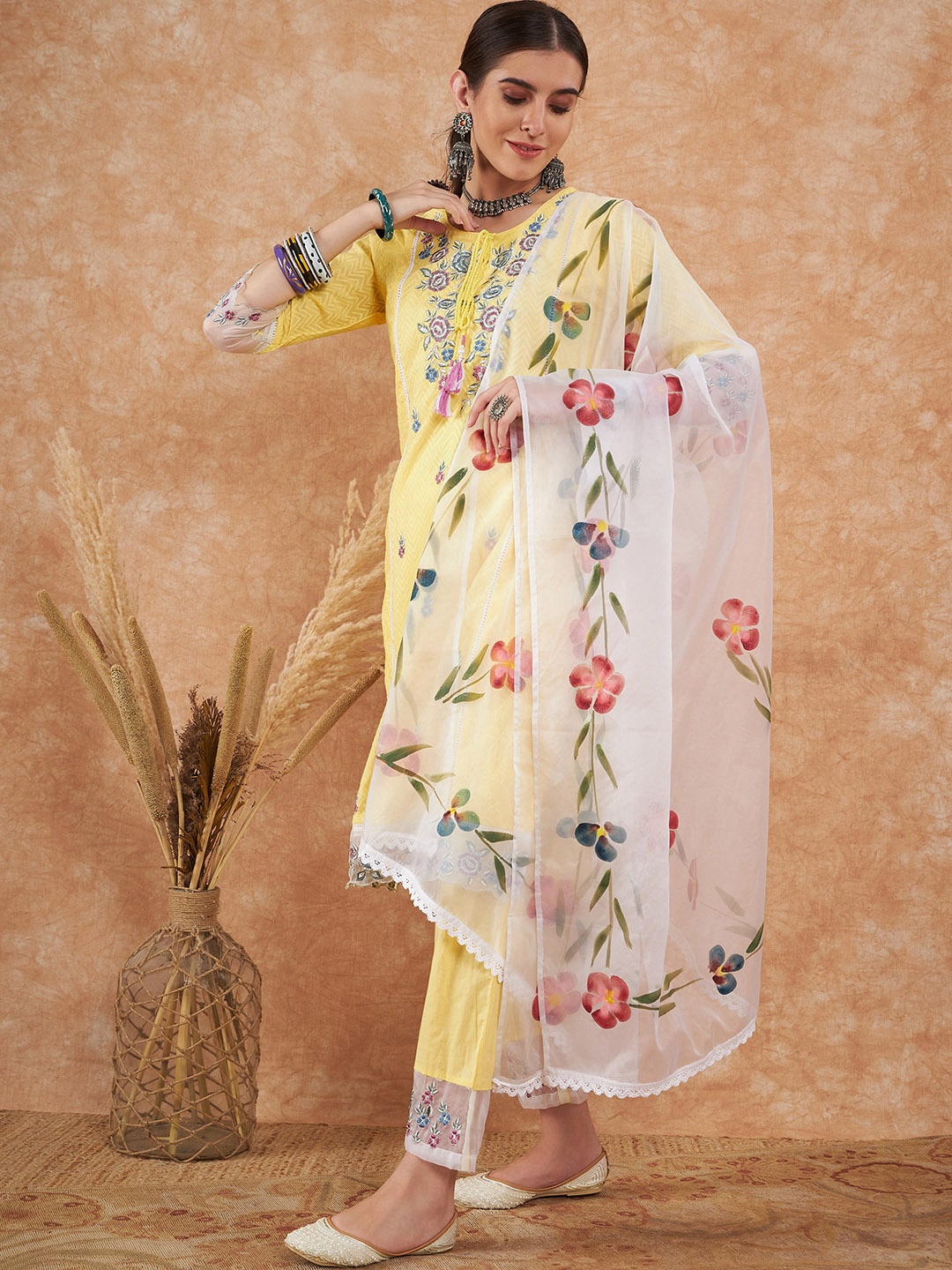 

Sangria Floral Embroidered Pure Cotton Kurta With Trouser & Dupatta, Yellow
