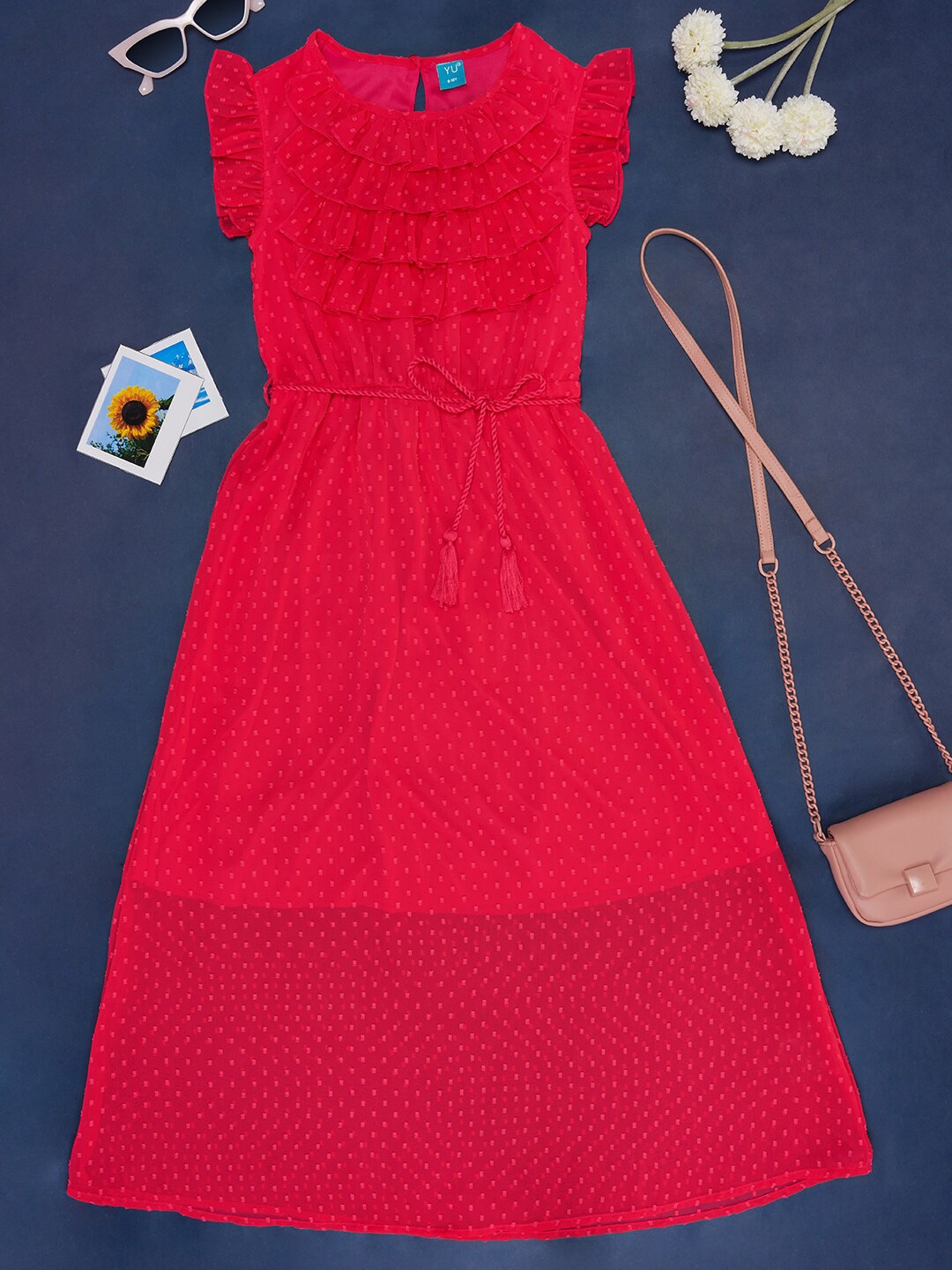

YU by Pantaloons Girls Self Design Georgette Fit & Flare Dress, Coral