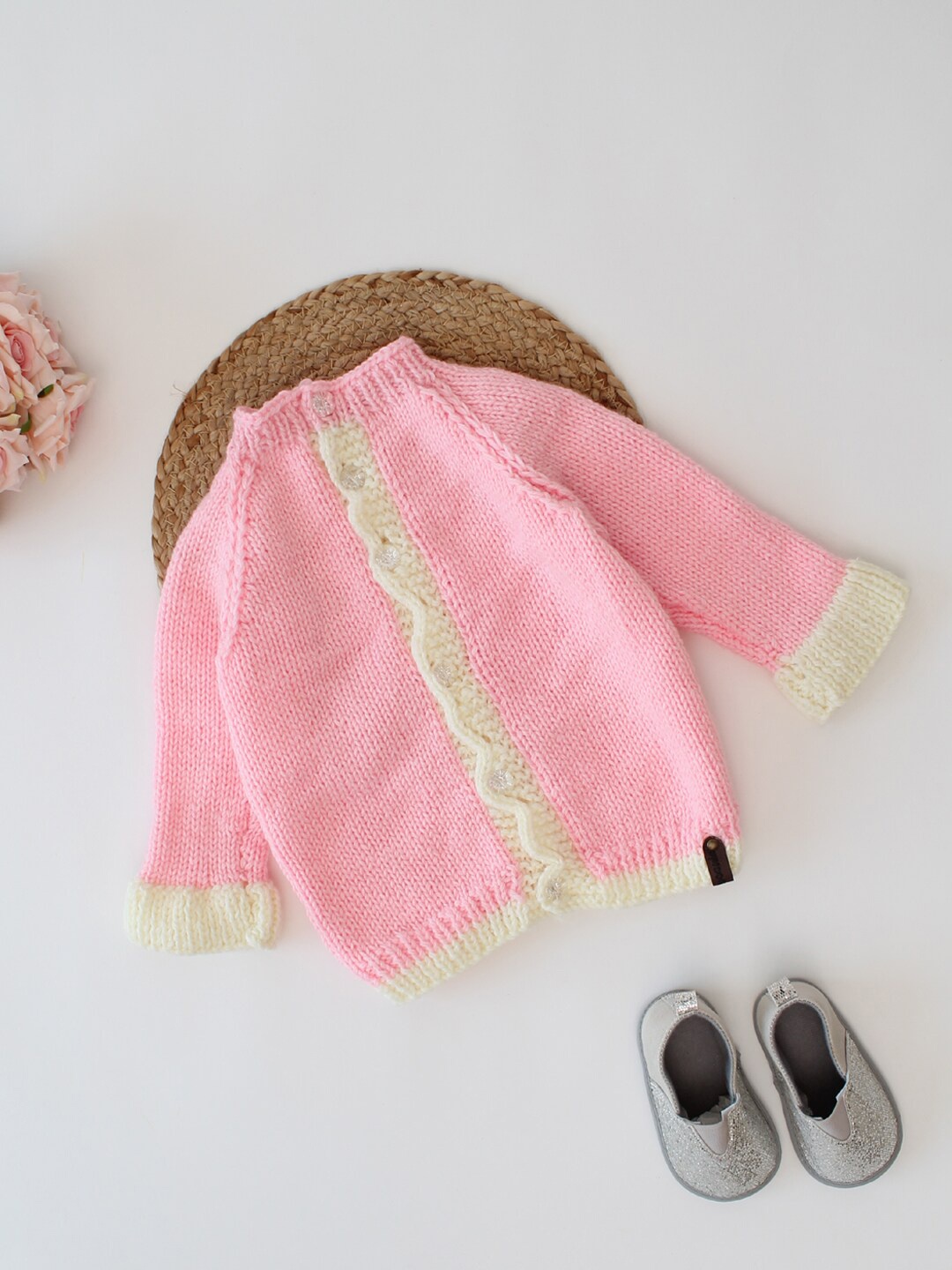 

Woonie Kids Ribbed Turtle Neck Front-Open Acrylic Sweater, Pink