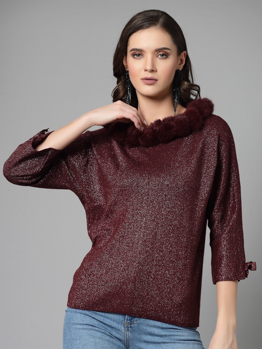 

Mafadeny Striped Fuzzy Detailed Pullover, Maroon