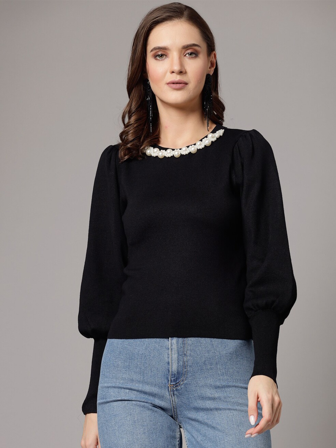 

Mafadeny Puff Sleeves Embellished Detailed Pullover, Black