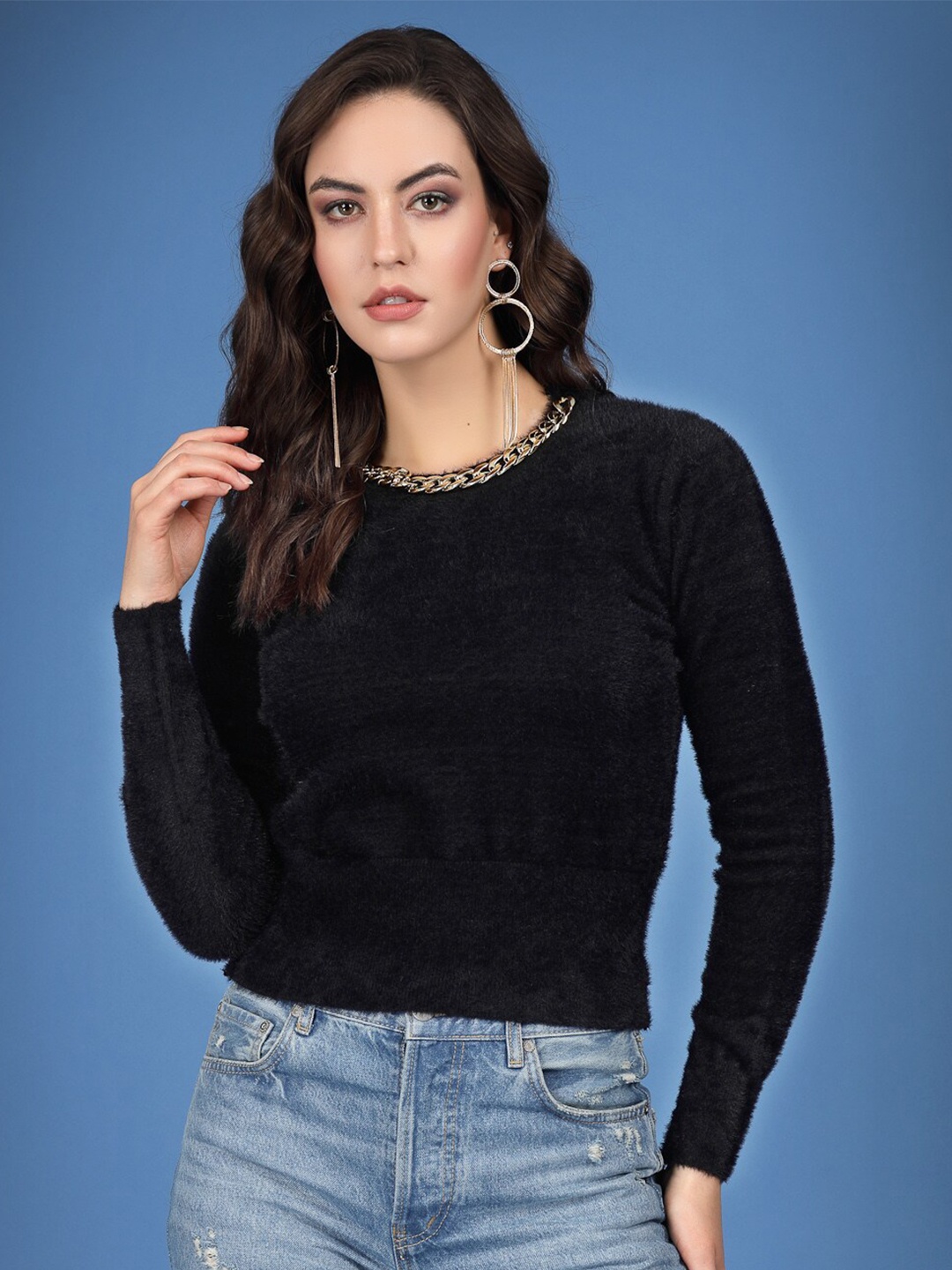 

Mafadeny Boucle Crop Pullover Sweater, Black