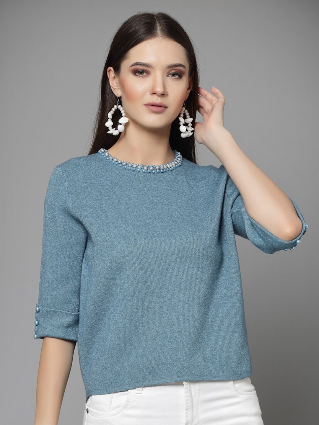 

Mafadeny Embellished Studded Round Neck Top, Blue
