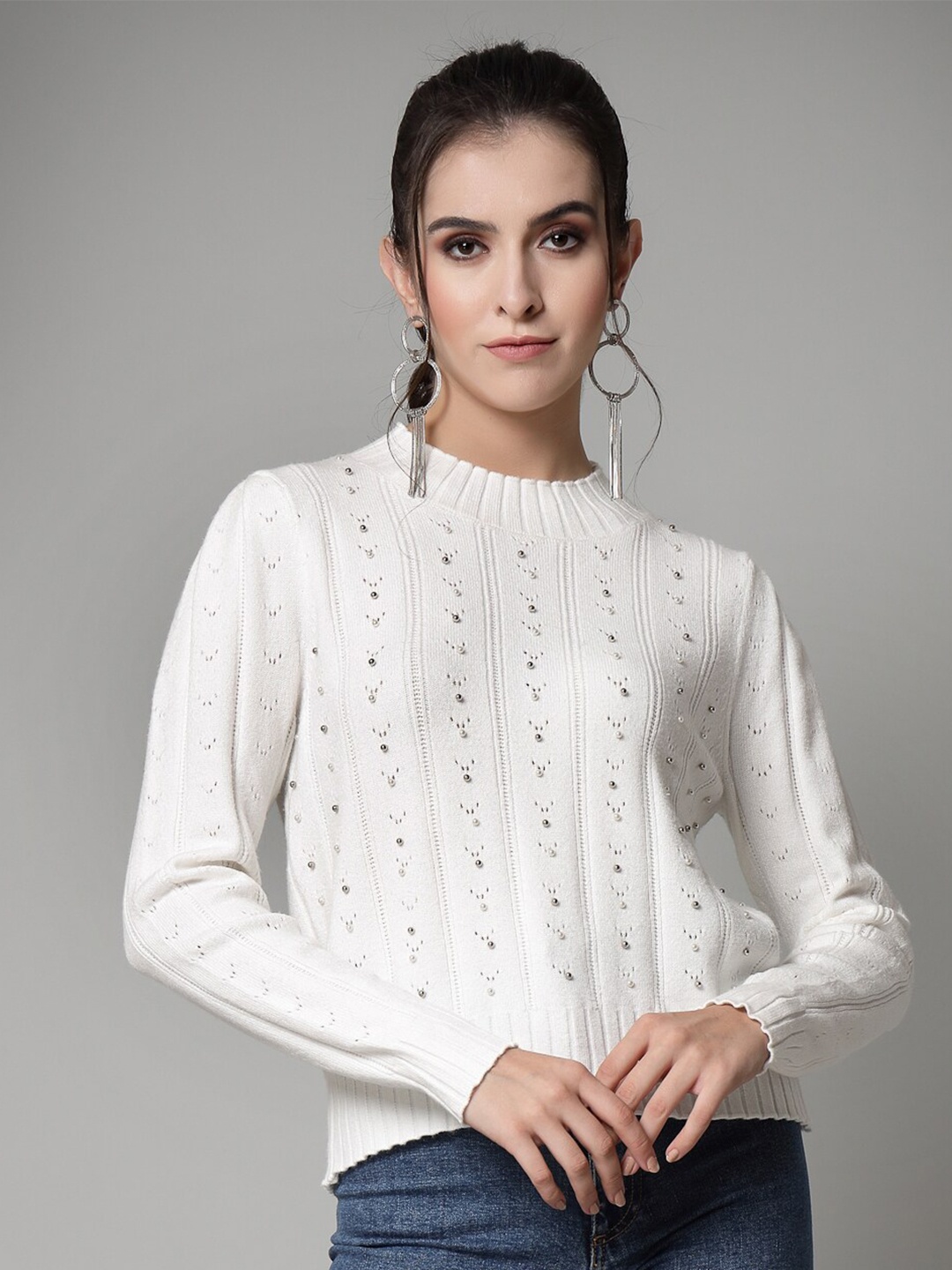 

Mafadeny Open Knit Pullover Sweater With Embellished, Cream