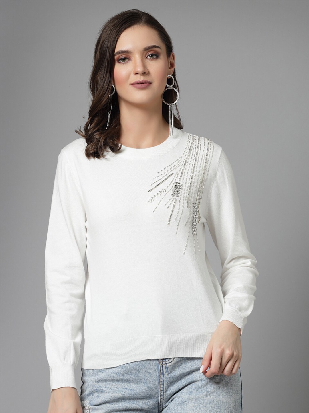 

Mafadeny Winter Wear Stylished & Cosy Embellished Pullover Sweater, White