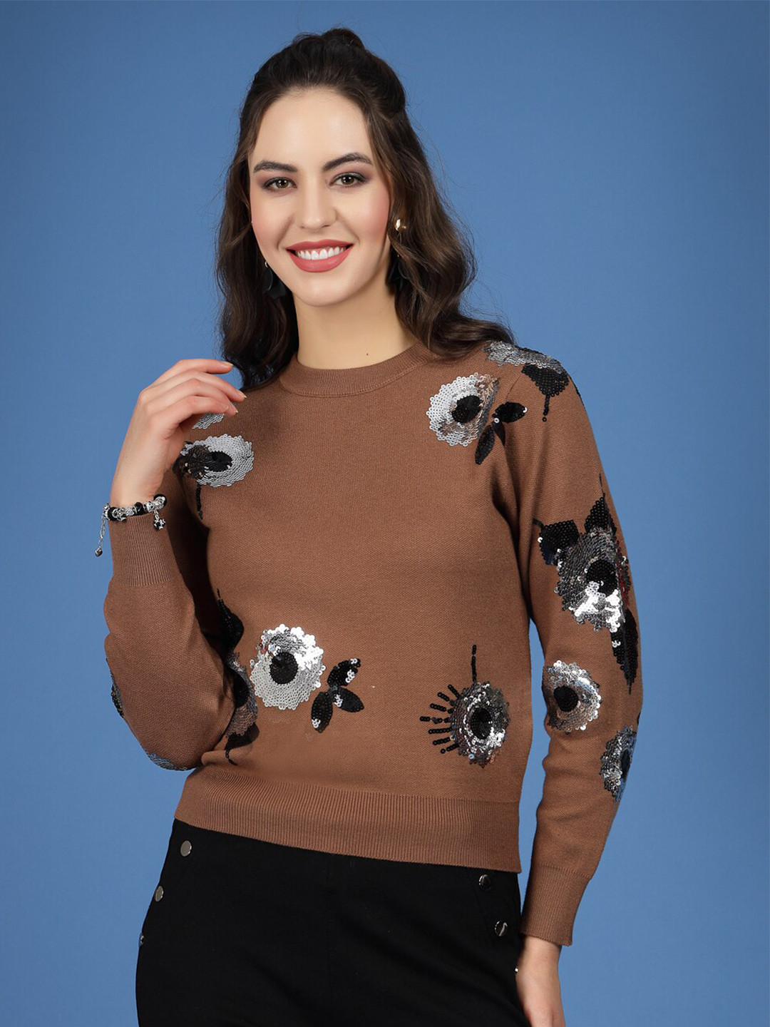 

Mafadeny Floral Embellished Pullover, Brown